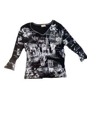 Cactus Womens Large Y2K New York NYC Rhinestone 3/4 Sleeve Graphic Shirt